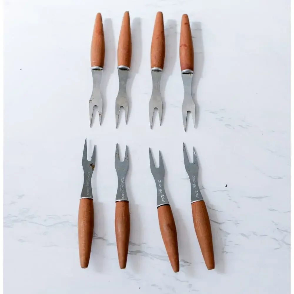 VTG Wood Cocktail Appetizer Fork Set of 8 Japan Midcentury Retro Tiki Party Bar